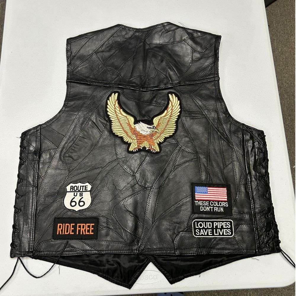 Diamond Plate Leather Vest Men XL Black Patchwork Biker Side Lace Lowrider Patch